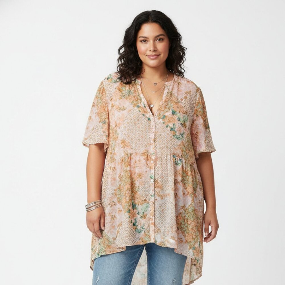 Cato Blouse Pink Mixed Floral Sheer Boho Festival Cottage 26/28W